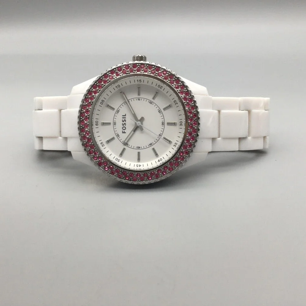 Fossil Stella Glitz ES-2441 Womens Watch 38mm Pink Crystal New Battery 6.5